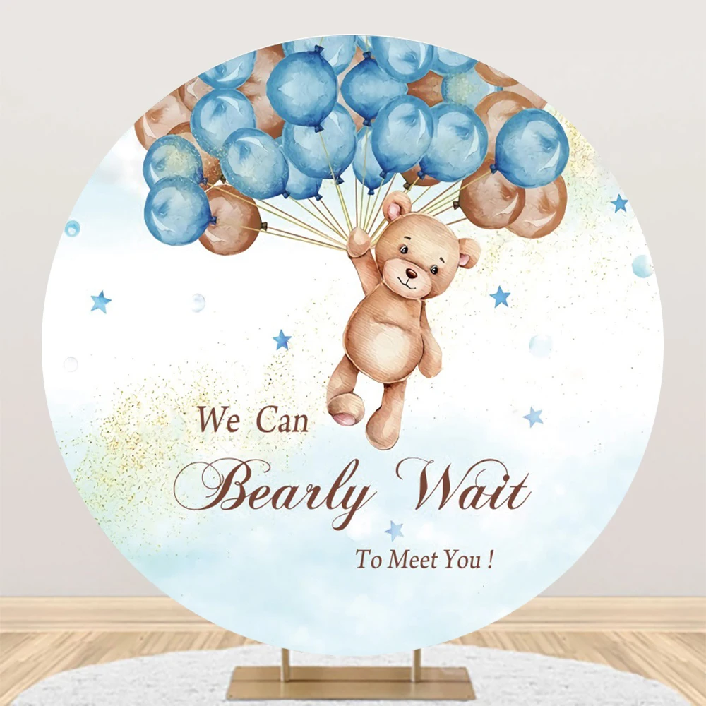 Newborn Baby Shower Bear Round Backdrop for Cover Hot Air Balloon We Can Bearly Wait Kids Birthday Circle Photography Background