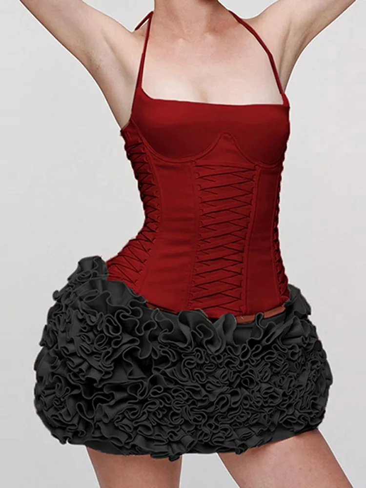 

Nibber Bandages Coquette Tank Top Женская Холтер с открытой спиной Сексуальная гофрированная рубашка без рукавов Stretch Midnight Клубная одежда для выпускного вечера