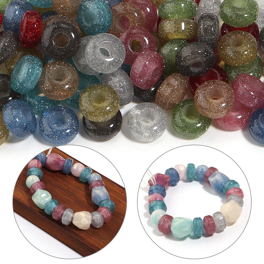 10pcs 7x14mm Gypsophila Rondelle Resin Beads Glitter Round Loose Spacer Big Hole Beads For Jewelry Making DIY Bracelet Necklace