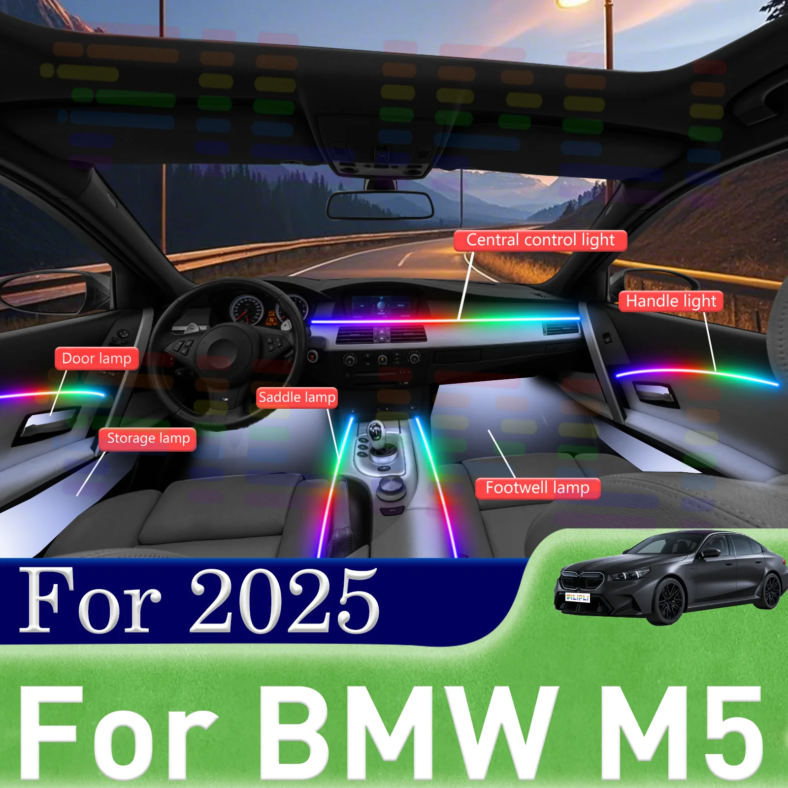 Para BMW M5 G90 Projete a iluminação da cabine do seu sonho com nossos kits versáteis de fita LED com controle completo de aplicativo e efeito arco-íris