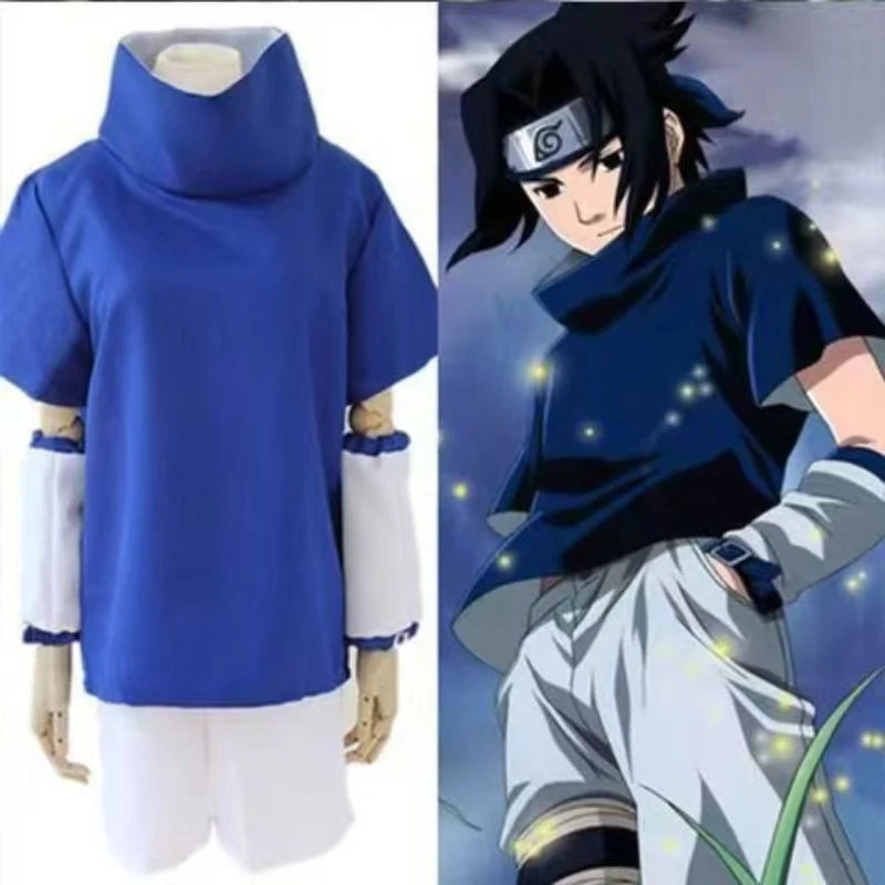 

Uchiha Sasuke Cosplay Costume Adult Blue Short Sleeve Shirt White Shorts Full Set For Halloween Carnival Outfit Role Play