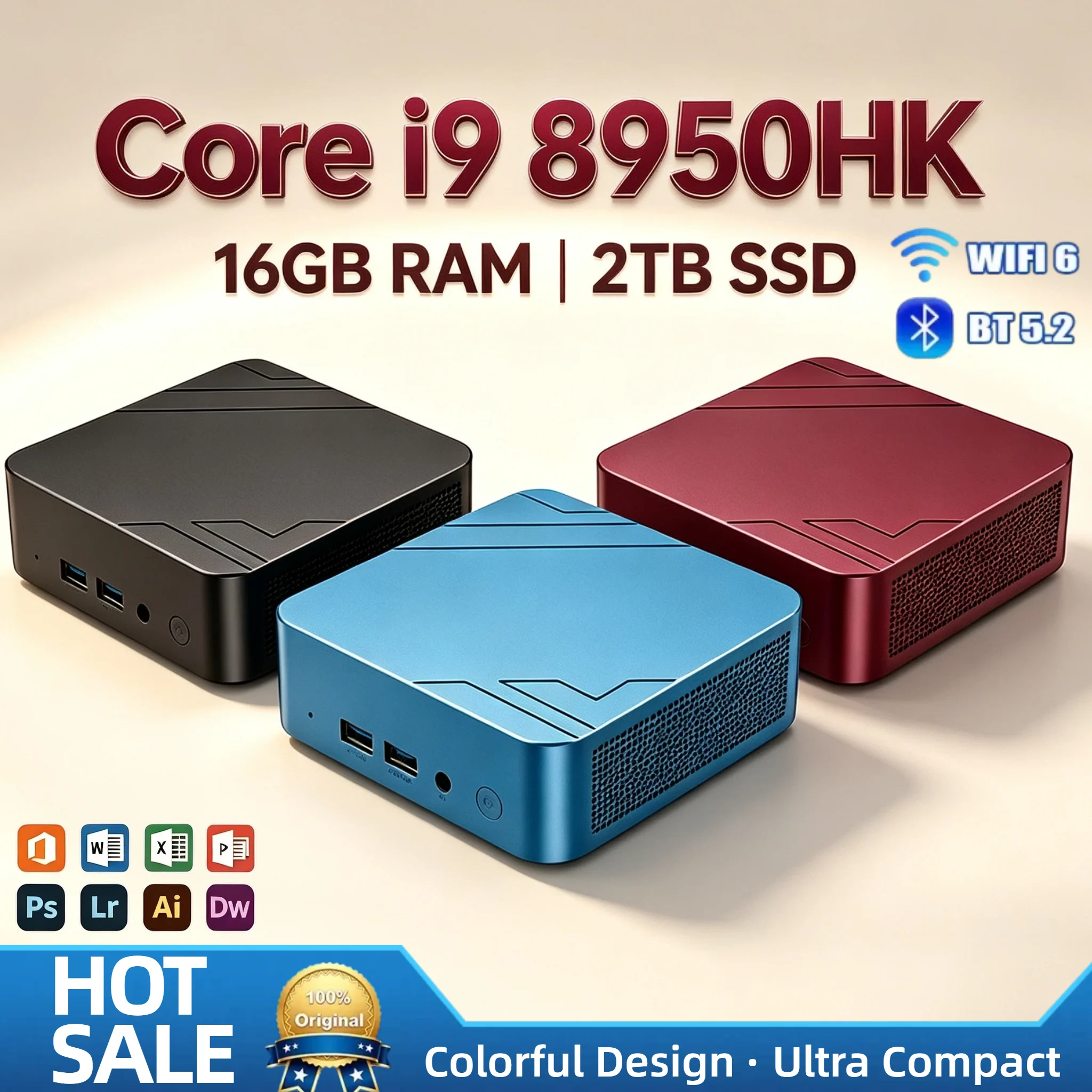 Intel i9-8950HK Ultra Compact Mini PC 16GB RAM 2TB NVMe SSD Triple 4K Display WiFi6 Bluetooth 5.2 Home Office Small Pro