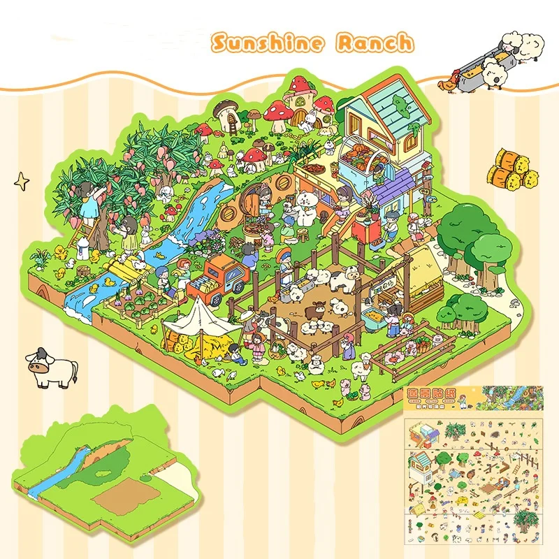 2.5D Landschap DIY Sticker Plus Size Cartoon Ranch Farm Pocket Cabine Scene Stickers Kerstcadeau voor Student Kind groothandel