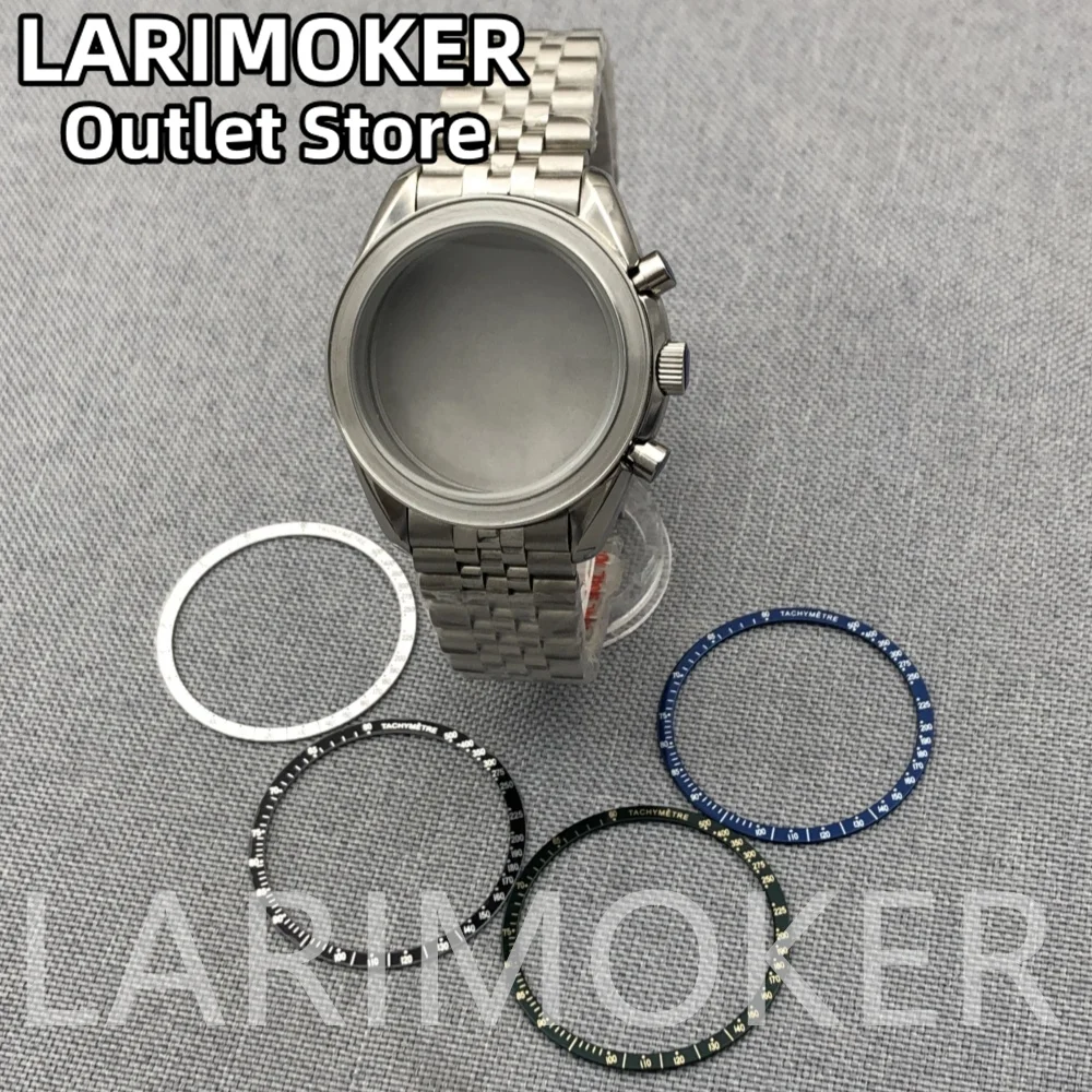 LARIMOKER 40mm Silver Watch Case Sapphire Glass fit VK63 VK64 movement Stainless Steel Bracelet Clasp Watch Accessories set