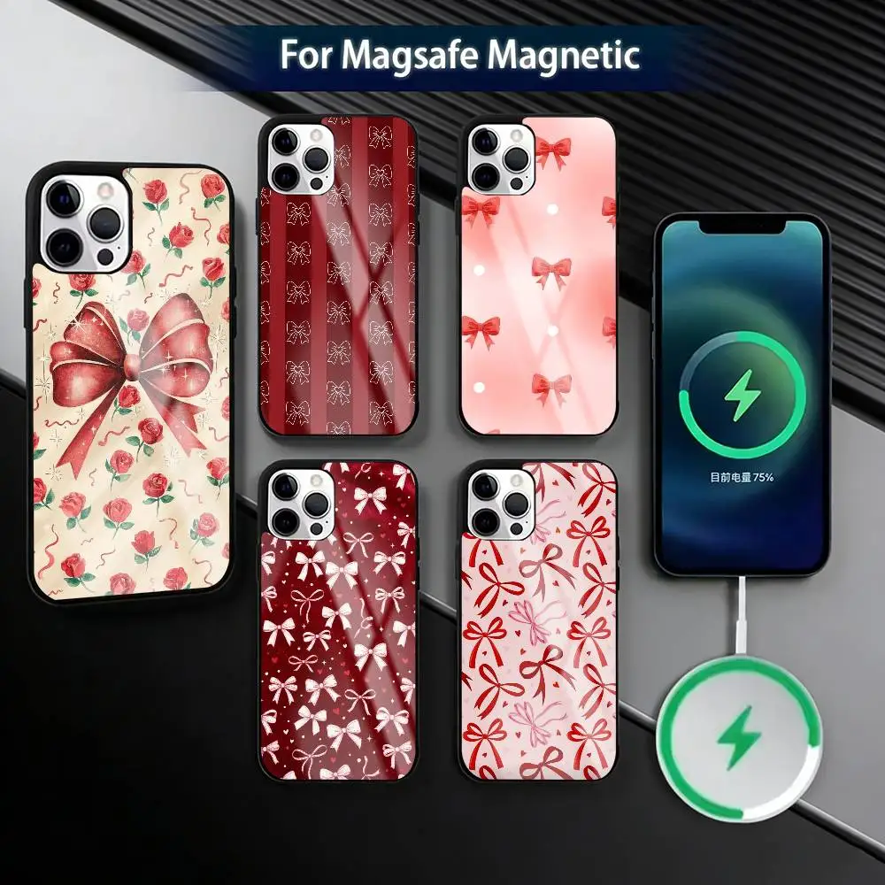 

Red Bow Dots F-Folds Texture Phone Case For iPhone17,16,15,14,13,12,11 Plus,Pro Magnetic For Magsafe Wireless Charging