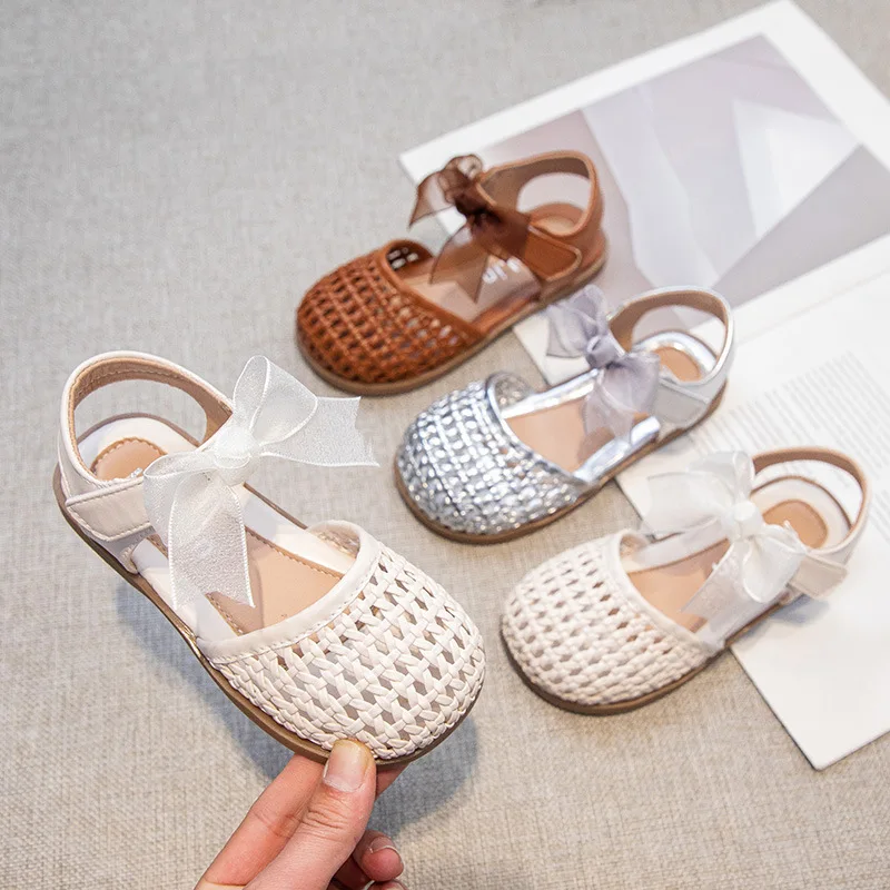 

Chic Children's Sandals Summer New Elegant Girls Princess Shoes Woven Style Beach Causal Kids Flat Sandals Solid Color Versatile