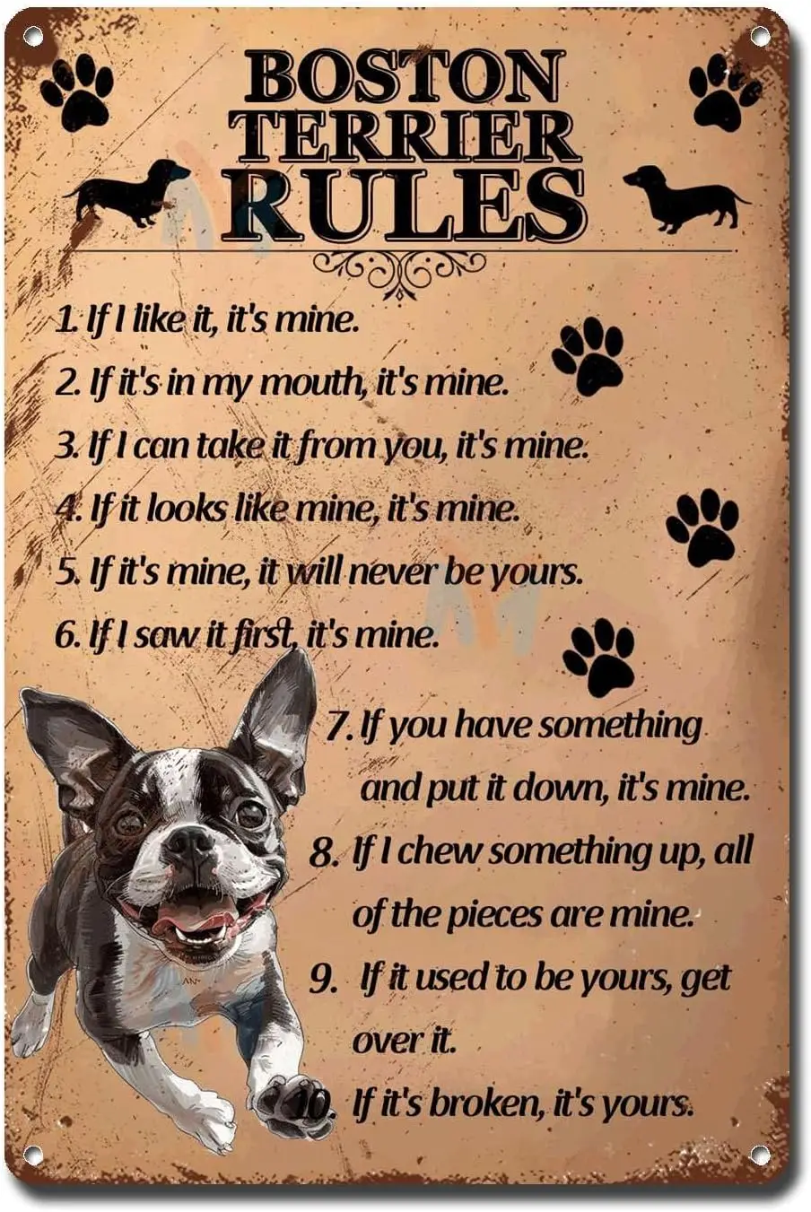 Metal Sign Tin Vintage Wall Art Boston Terrier Rules Bar Signs for Home 12×16 Inches