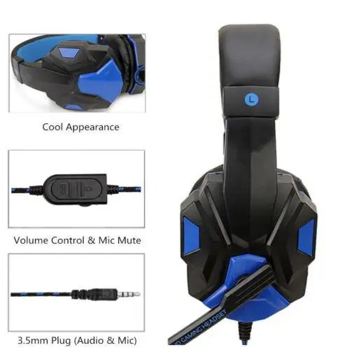 Stereo Gaming Headset Deep Bass Computer Game Headphones Earphone with LED Light Microphone Noise Cancelling for PC Laptop