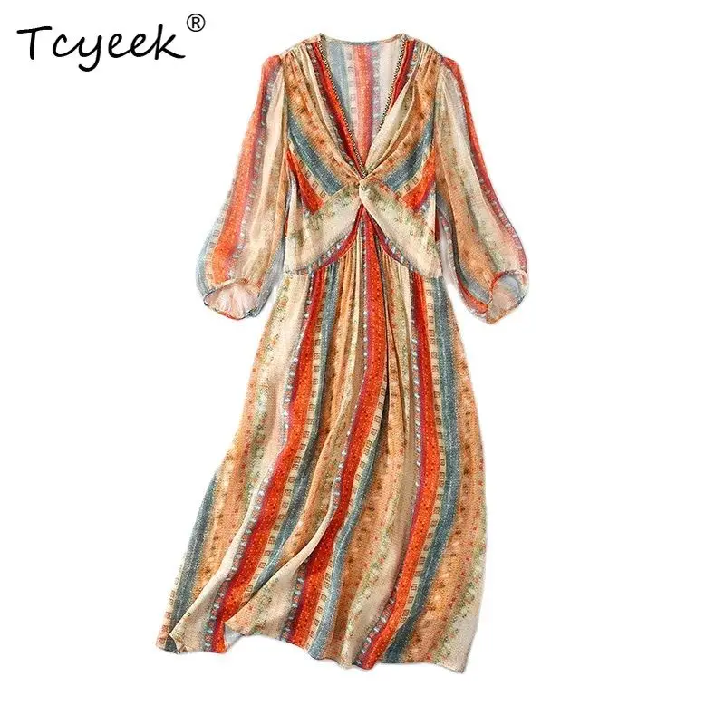 

Tcyeek, элегантные платья из 100% натурального шелка, женское платье в полоску с рукавом 3/4 и V-образным вырезом, французское шикарное вечернее платье OL, новинка лета 2024 D45391QC