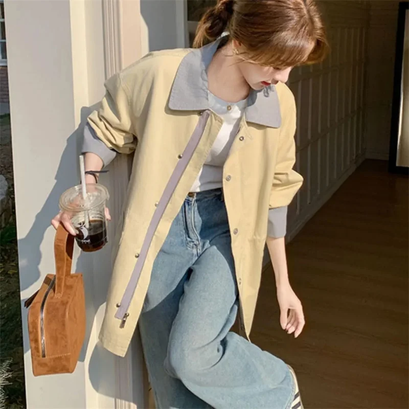 เสื้อโค้ทกันลมดีไซน์ตัดสีสำหรับผู้หญิง ฤดูใบไม้ผลิ/ฤดูใบไม้ร่วง 2025 แจ็คเก็ตใหม่สไตล์เกาหลี เสื้อคลุมลำลองทรงหลวม แฟชั่นเสื้อคลุมสำหรับผู้หญิง