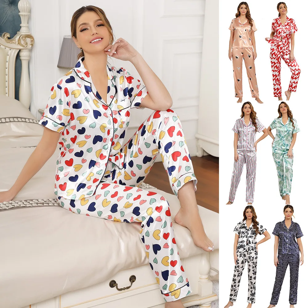 Abbigliamento da casa colorato Pantaloni da donna a maniche corte in seta imitazione da donna Pigiama Abiti estivi con aria condizionata
