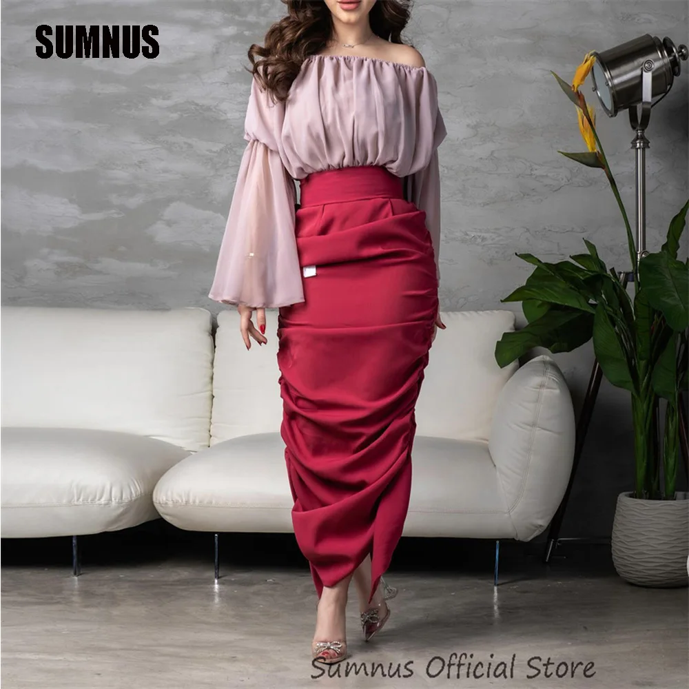 

SUMNUS Elegant Mermaid Party Dresses Boat Neck Chiffon Long Sleeves 2 Pieces Satin Ruched Ankle Length Evening Sexy Prom Gowns