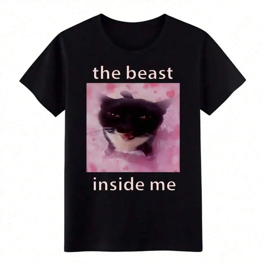 The Beast Inside Me Funny Cat Meme Graphic T-Shirt, Sarcastic Humor Tee - Pure 100% Cotton Trendy Y2K Short-Sleeve Tee-Soft,
