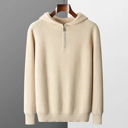 Winter new men's 100% wool hooded zipper pullover loose thickened solid color plus size sweater knitted bottoming shirt top