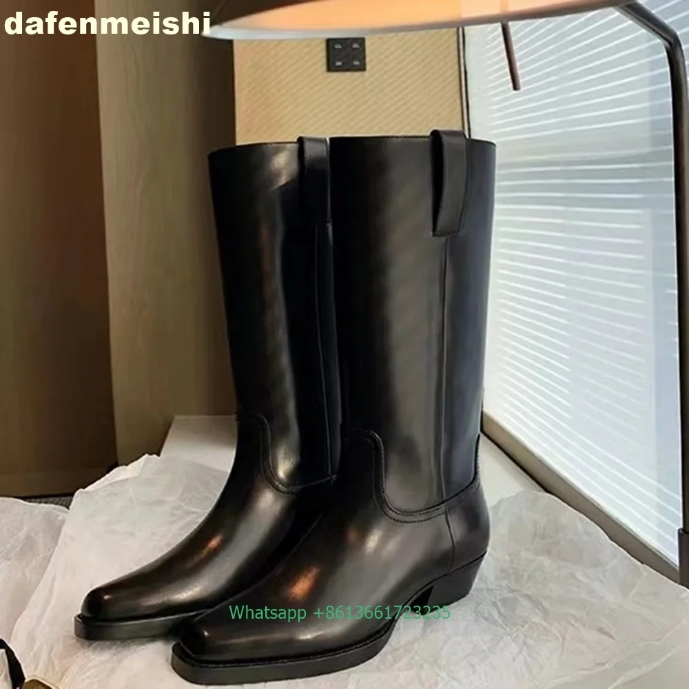 

2025 Autumn Winter New Square Toe Thick Heel Thick Bottom Mid-Calf Boots Knee-High Long Boots Women Black Slip On Knight Boots