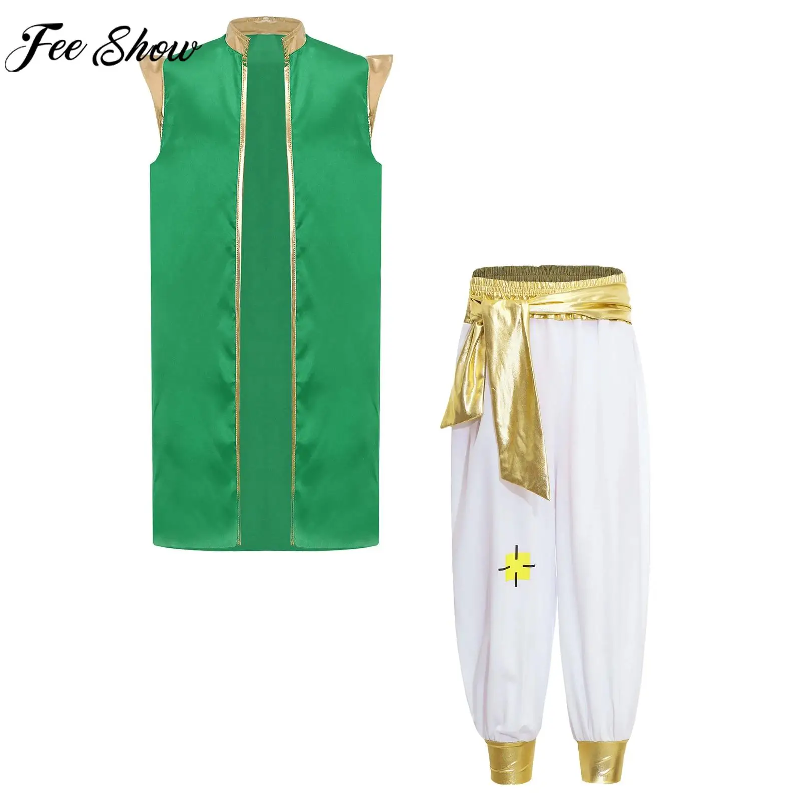 Kids Boys Halloween Theme Party Toad Arabian Prince Cosplay Performance Costume Gold Trim Open Front Long Vest with Loose Pants