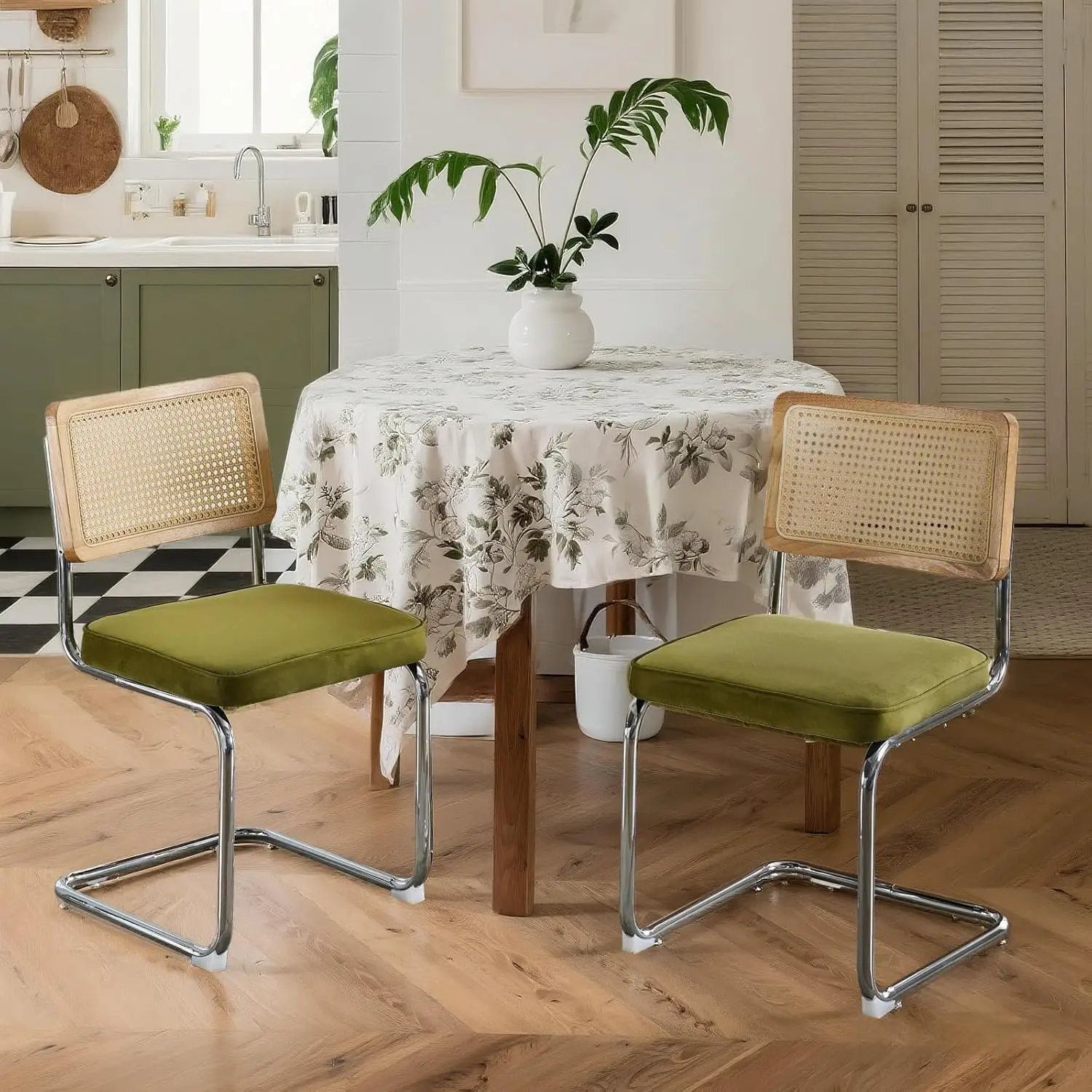 

Комплект из 2 обеденных стульев с вельветовой обивкой, спинкой из ротанга и хромированным основанием в стиле середины века для кухни, столовой, гостиной, на заказ