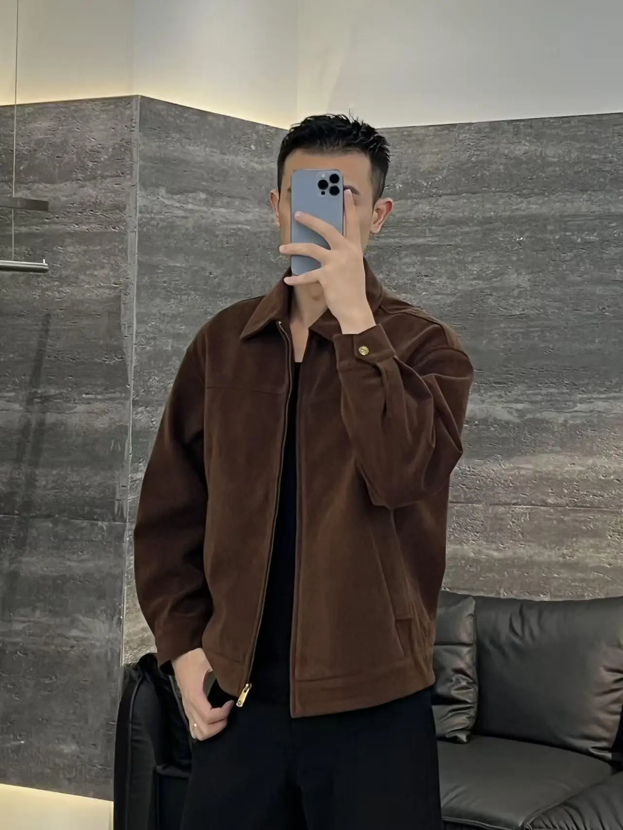 

Brown Suede ort Jaet Men's Vintage Retro Collar Workwear Jaet Stand Fit Youthful Sle Regular Sve Length Zipper ...