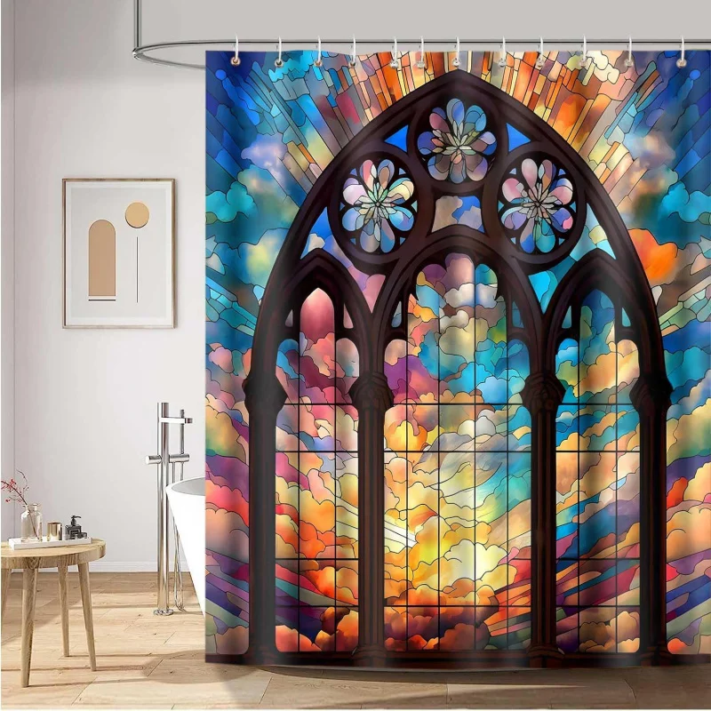 Colored Glass Window Shower Curtain Colored Church Flower Sky Waterproof Shower Curtain Covering Punch-Free