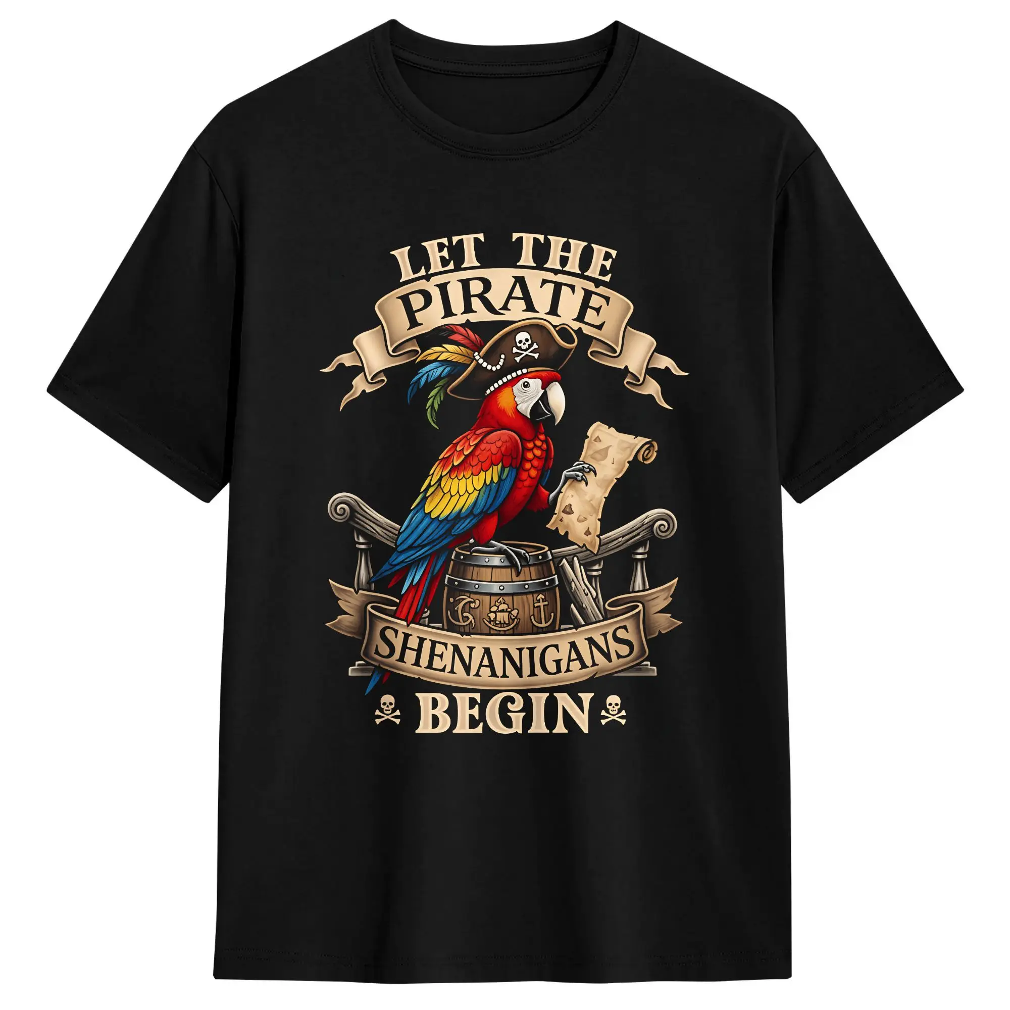 Let The Pirate Shenanigans Begin T-Shirts for Men  Humorous Cotton Tee Shirt Crewneck Short Sleeve T Shirt Printed Clothing