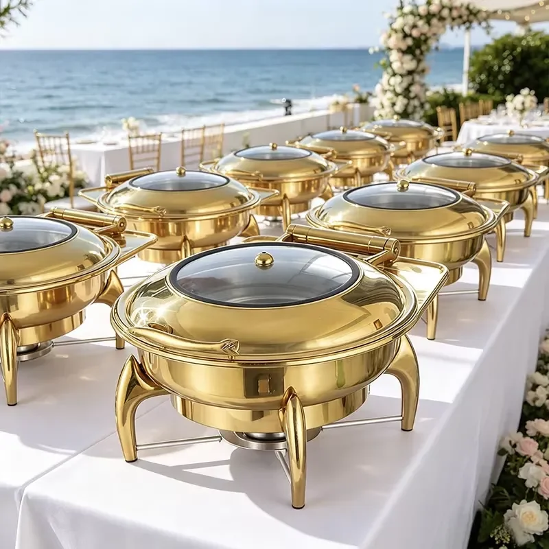 Round Gold Stainless Steel Buffet Stove Chafing Dish Dome Soup Food Warmer Set With Glass Cover