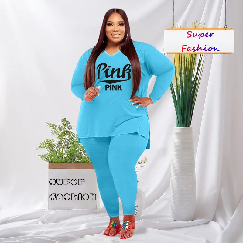 

3XL 4XL 5XL Fall 2022 Plus Size Two Piece Sets Women Clothing Pink Long Sleeve Casual Pant Suits Outfits Dropshipping Wholesale