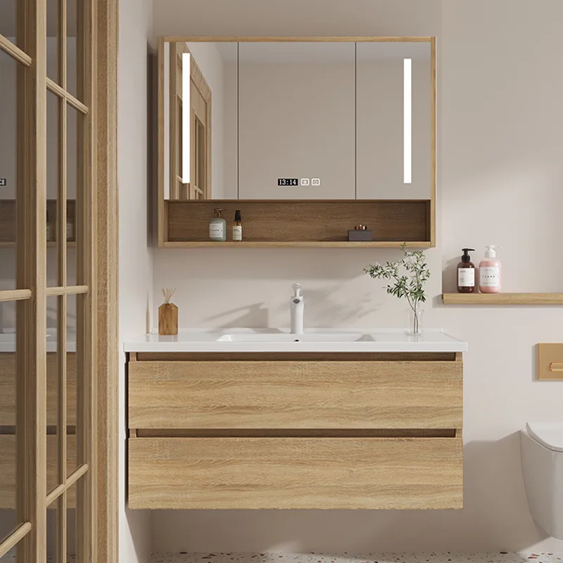 

Log color bathroom cabinet ceramic integrated basin washbasin cabinet combination sink toilet washstand mask Nordic
