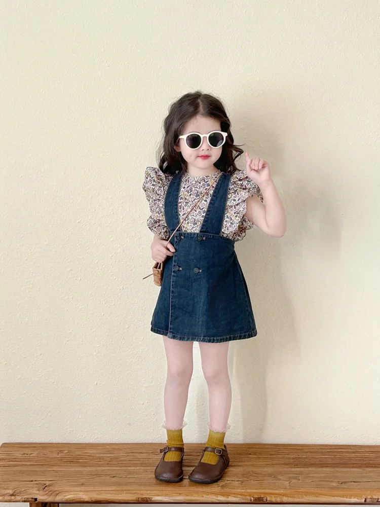 Girls' Suit Summer New Flounced Sleeve Floral Shirt+Denim Suspender Skirt2Set Children One Piece Dropshipping