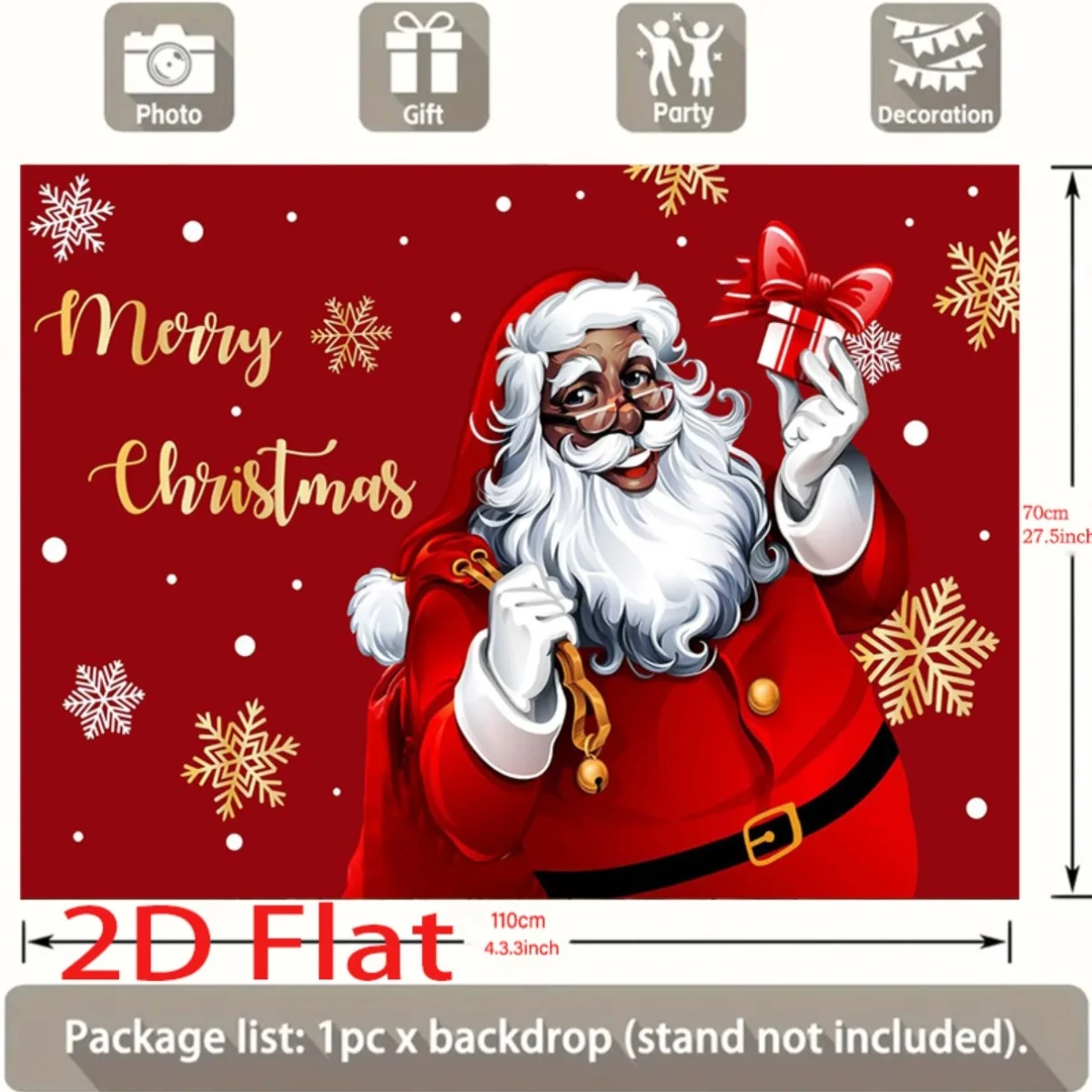 خطة ثنائية الأبعاد، لافتة عيد الميلاد الأمريكية الأفريقية سانتا كلوز - تصميم أحمر وندفة الثلج
