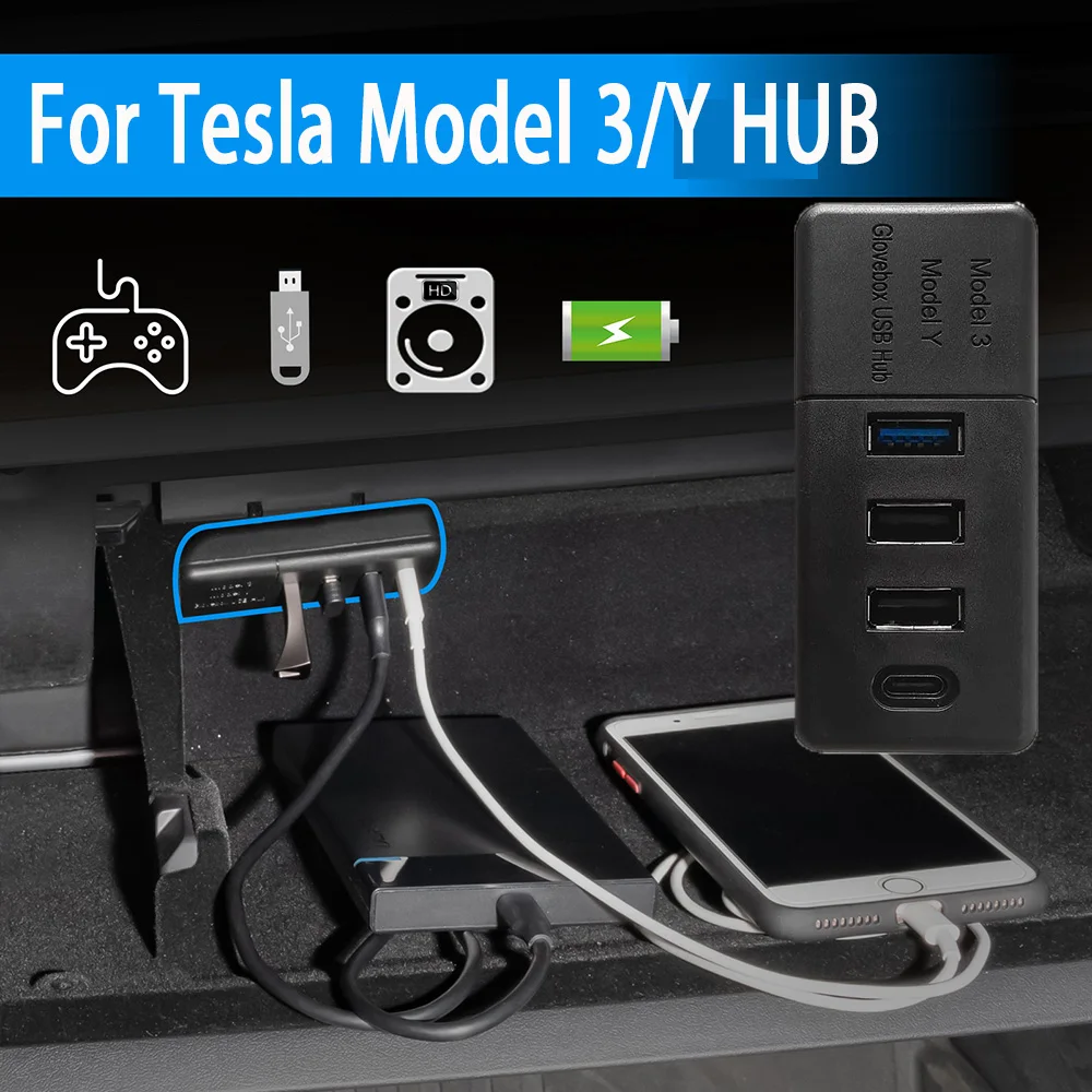 New For 2022 Tesla Model 3 Y HUB Tesla Model 3 Y Accessories USB Splitter Hub Docking Station Glove Box HUB Extender Charger