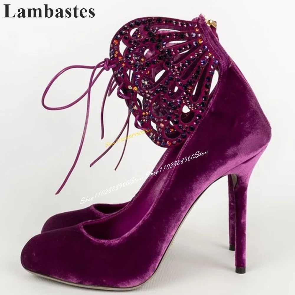 

Cross Tied Purple Suede Crystal Decor Pumps Thin High Heel Shoes For Women Back Zipper Round Toe 2024 Fashion Zapatillas Mujer