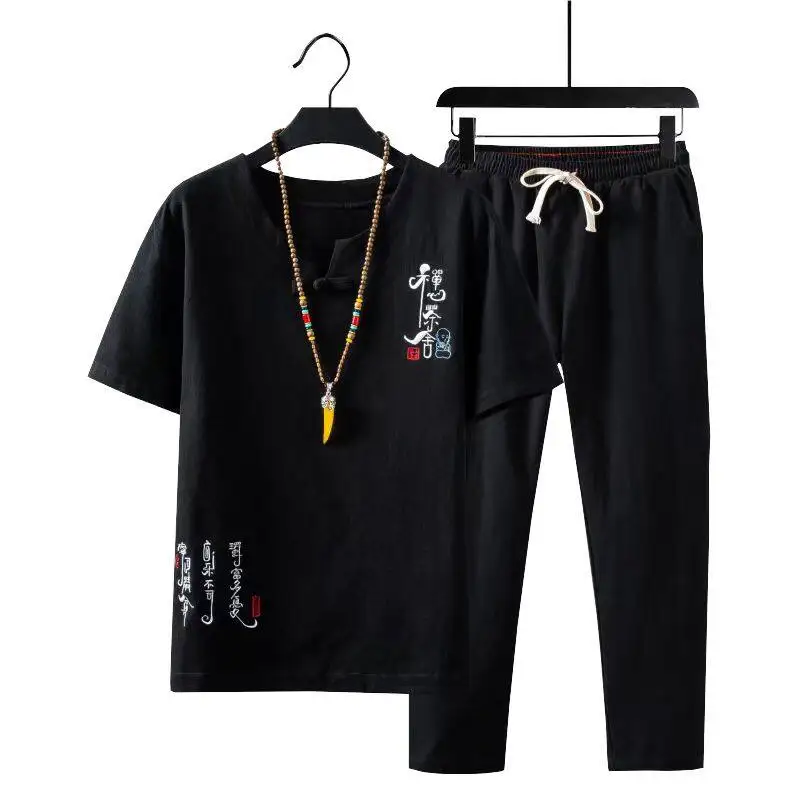 (Shirt + trousers) 2025 summer Chinese Style men shirt Cotton and linen shirts men\'s High quality casual shirts Two Piece M-5XL