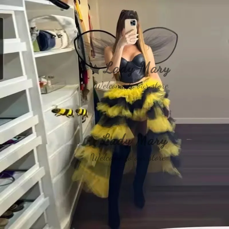 2025 Bee Yellow Black Tutu Skirt High Low Ruffled Tulle Skirt Puffy Long Skirt Cosplay Customized