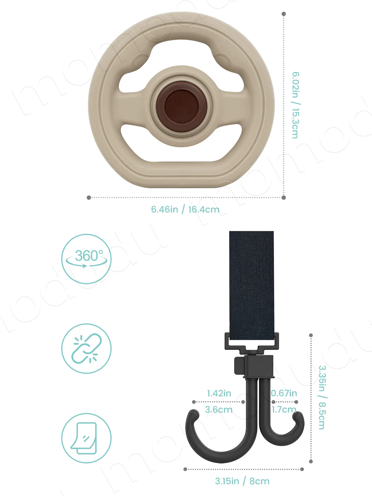 360° Rotatable Baby Stroller Steering Wheel with Honk & 2Pcs Hooks Set, Interactive Driving  & Bag Hanger Accessories