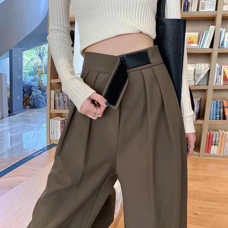 Coffee  Suit Pants for Women in Spring and Summer High Waist Draping Extended Slimming Straight Loose Casual Wide Legs