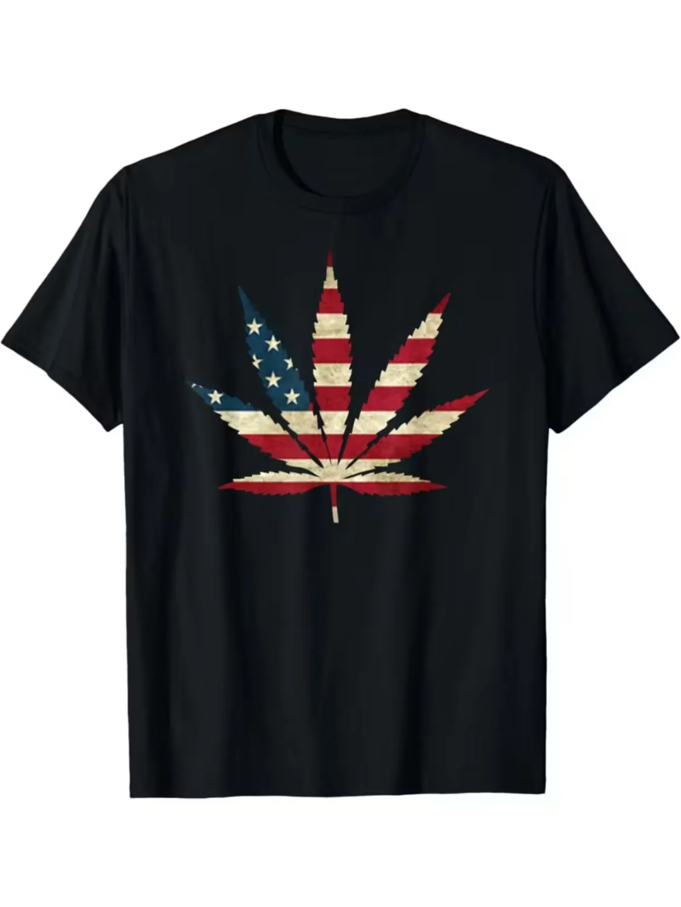 Men'S American Flag Graphic T-Shirt with a Patriotic Leaf Design - Comfortable Casual Tee in Black, Featuring Bold Weed And Patriotic Elements, Round Neck Style