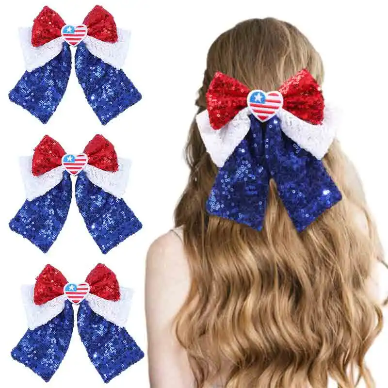 

ncmama 3 Color Sequin Bow Hair Clips for Women Girls Handmade Bowknot Hairpins Barrette Headwear 4th of July Hair Accessories