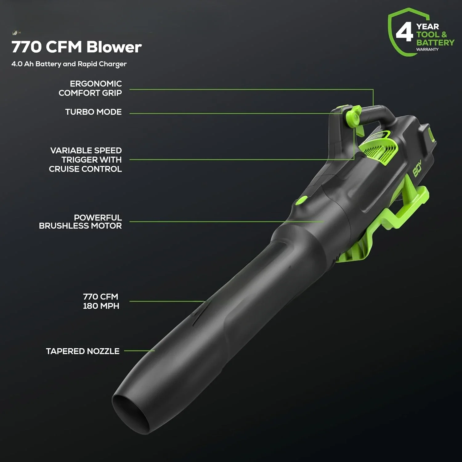 

80V 770 CFM Cordless Leaf Blower, 4.0Ah Battery and Rapid Charger