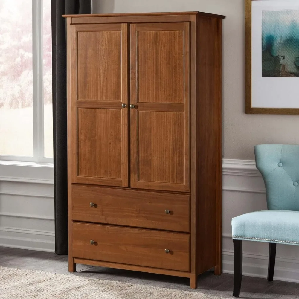 

Shaker 2-Door Wardrobe, Solid Wood with Walnut Finish， Wood Wardrobe Bedroom Furniture Closet Organizer