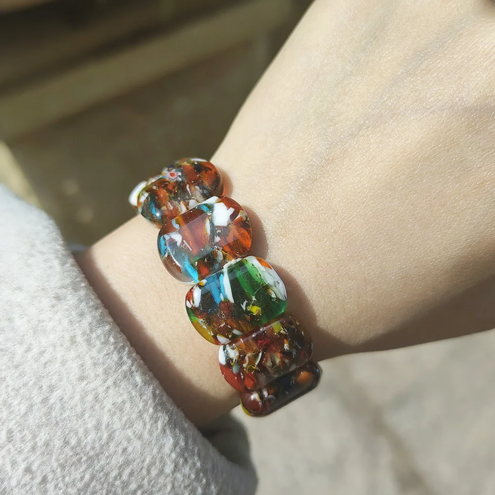 1 PCS Retro Color Glass Crystal Muran Floral Ellipse Lampwork Flower Bracelet For Women Vintage Party Gift Cheap Items Rectangle