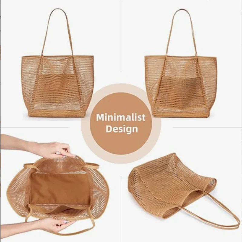

Women Mesh Net Beach Tote Bag, Foldable Single Shoulder Handbag Portable Outdoor Travel Casual Storage Bag for Seaside Holiday