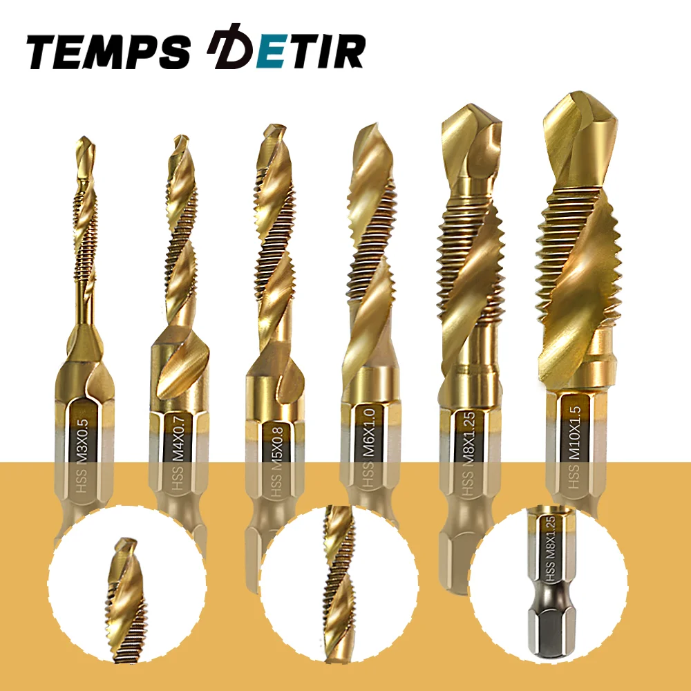 6PCS Metric Titanium Drill Tap Combination Bit Set 1/4