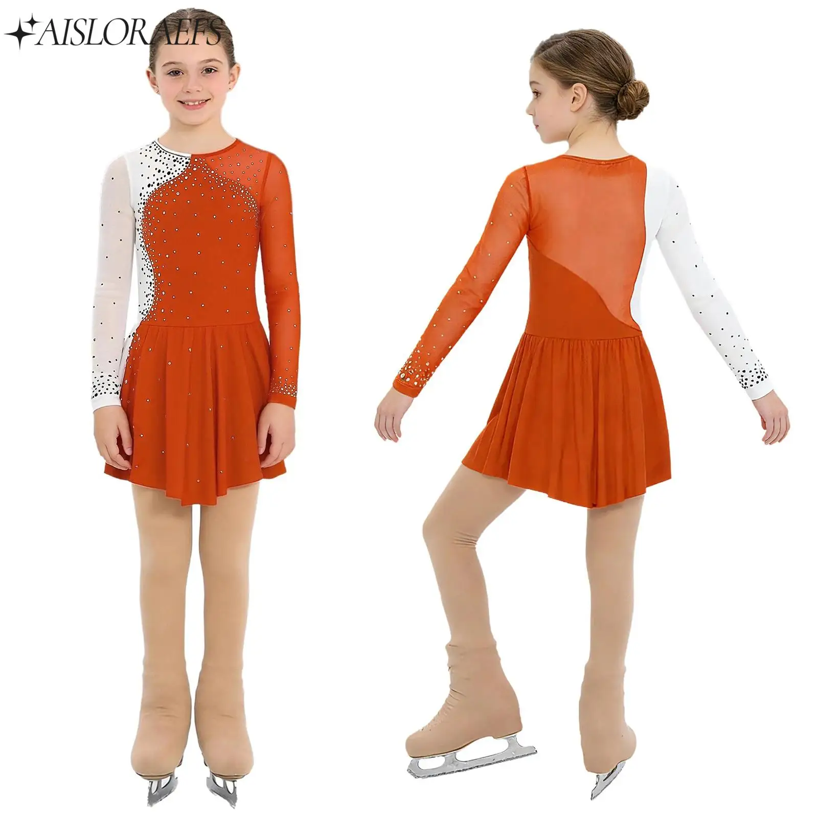 

Teen Girls Rhythmic Gymnastics Figure Ice Skating Balllet Dance Performance Outfit Long Sleeve Rhinestone Dance Dress+Tights Set