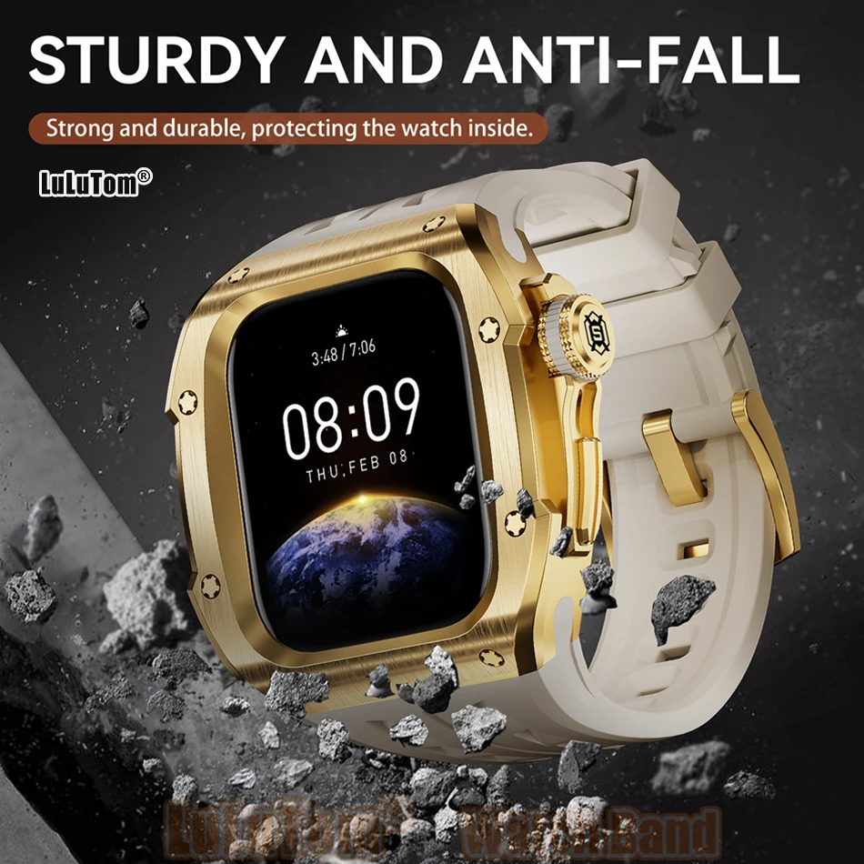 

Роскошный чехол с ремешком для Apple Watch Series 11 10 46 мм, прочный стальной корпус и резиновый ремешок с пряжкой, усиленный чехол для iWatch 46 мм