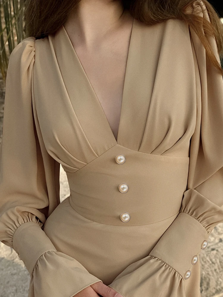 2024 Spring Summer Mew V-Neck Solid Color Elegant Dress Lantern Long Sleeve High Waist Slim Fit Chic Pearl Button Long Dress