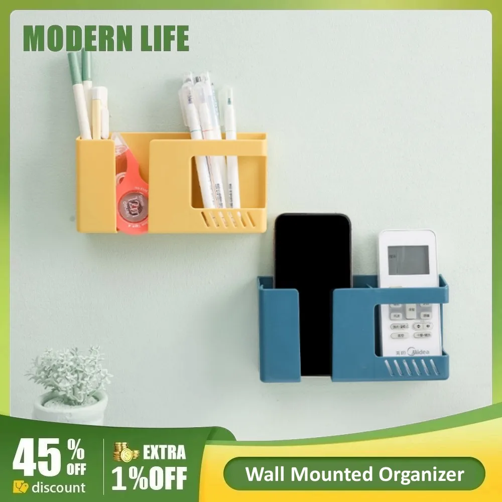 Wall Mounted Organizer Storage Baskets Holder Mobile Phone Tv Remote Control Container Case Punch Free For Office Living Room