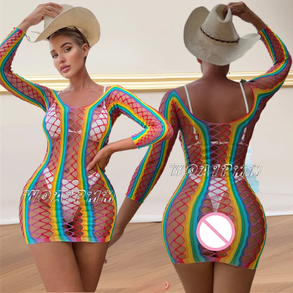 Ladies Rainbow Color Fishnet Bodycon Beach Dress Women Casual Short Skirt Erotic Mesh Hollow See Through Jumpsuit Nightdress