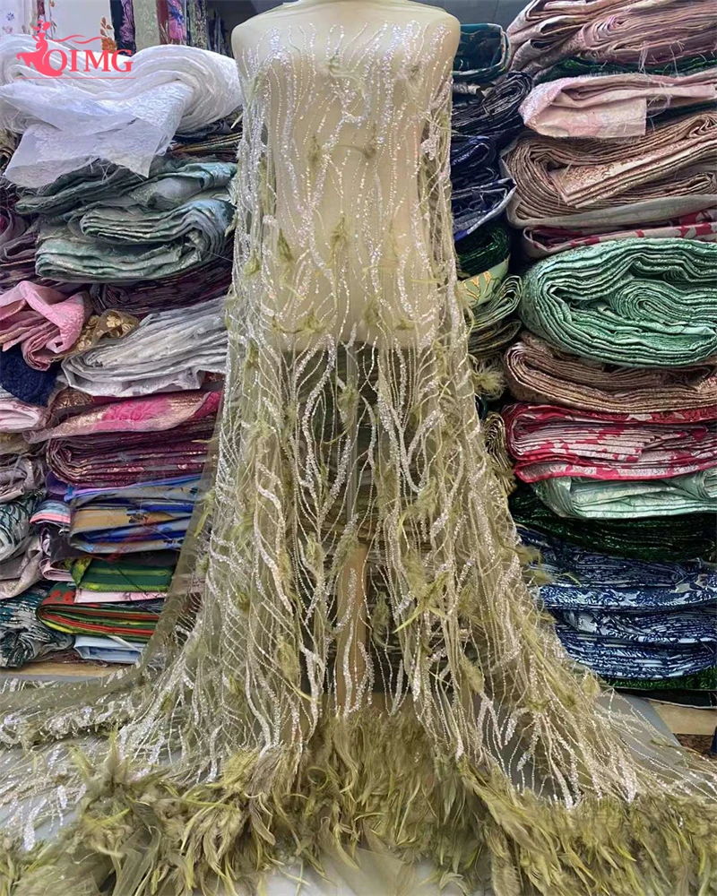 OIMG-Tecido Francês 3D Frisado De Tule De Renda, Cauda De Penas, Rede Africana, Lantejoulas Para Vestido, Última Moda, 2023