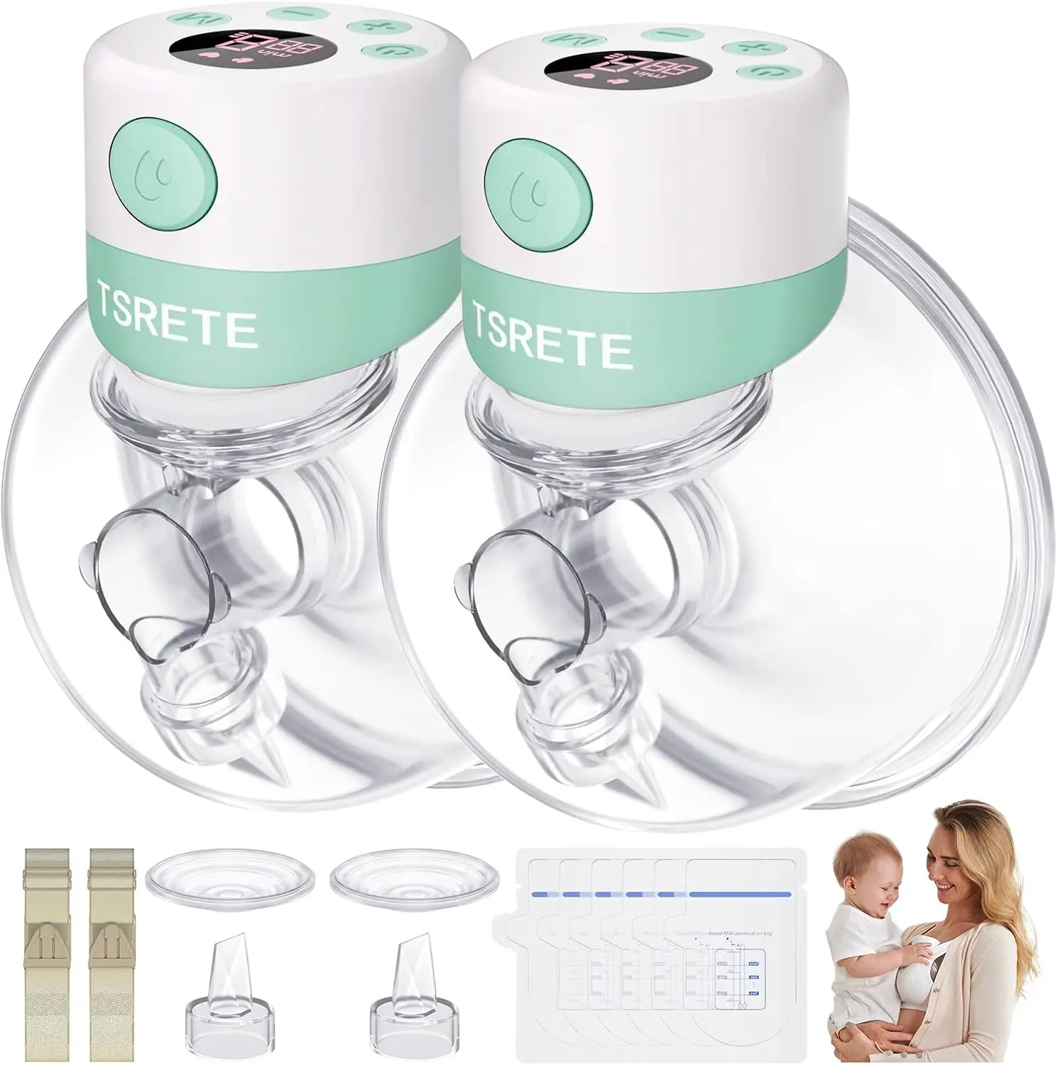 ダブルウェアラブル電動搾乳器、ハンズフリー、2モード、9段階、LCDディスプレイ、充電式マッサージモード - グリーン 1