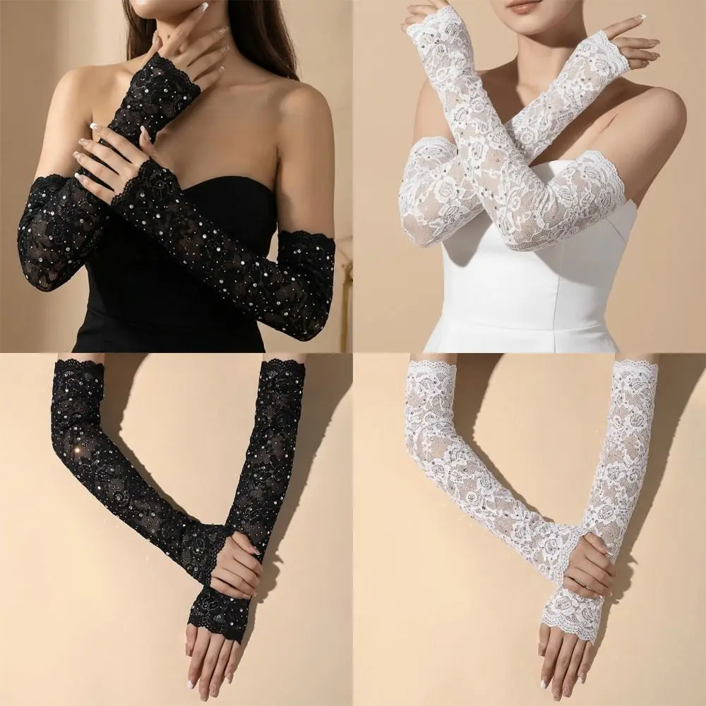 

1 Pair Retro Long Lace Gloves Elasticity Hollow-out Mesh Gloves Sparkling Glitter Rhinestone Gloves for Women